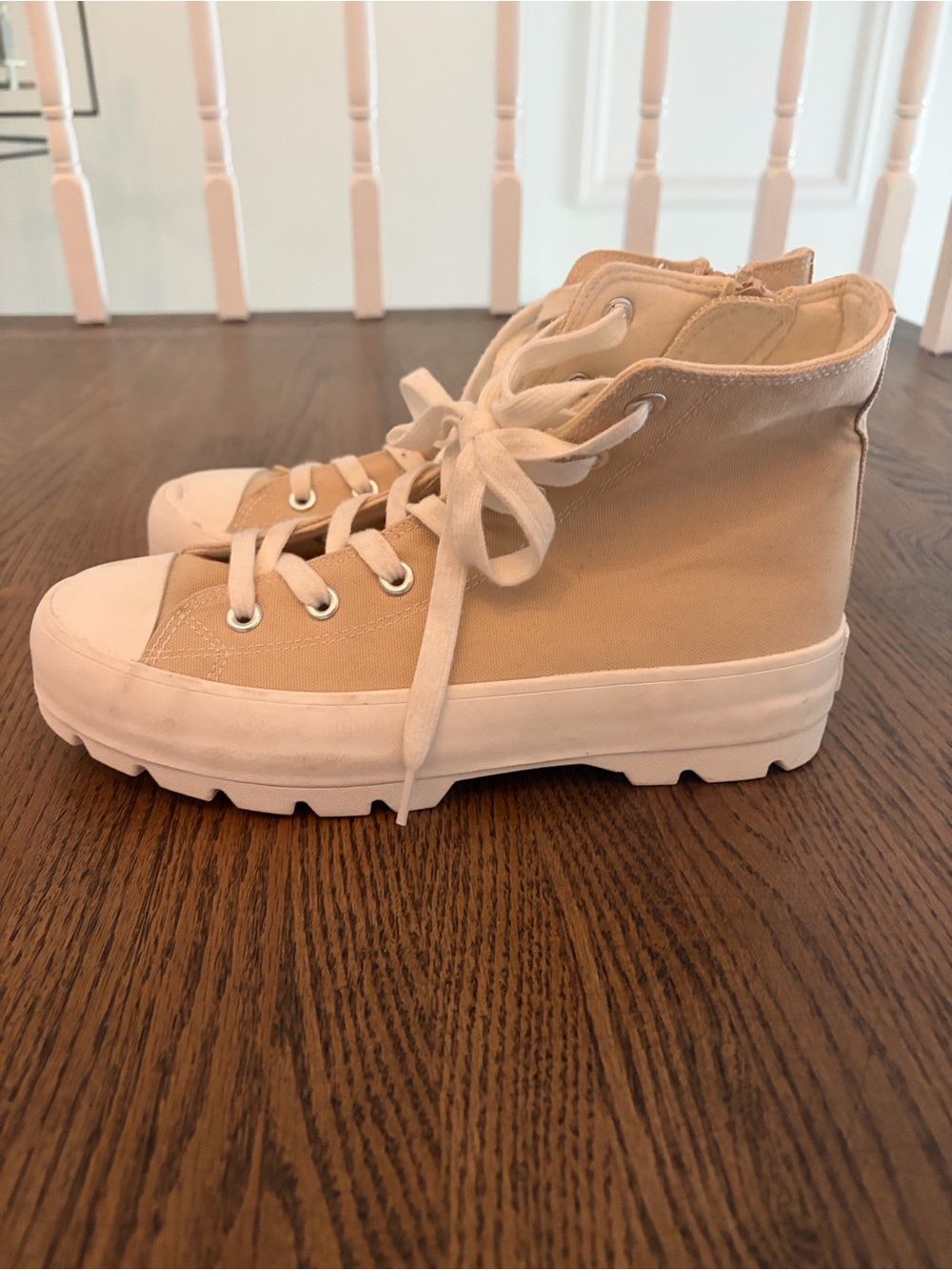 Sincerly Jules Beige Canvas High-Top Platform Ankle Boots with White Sole